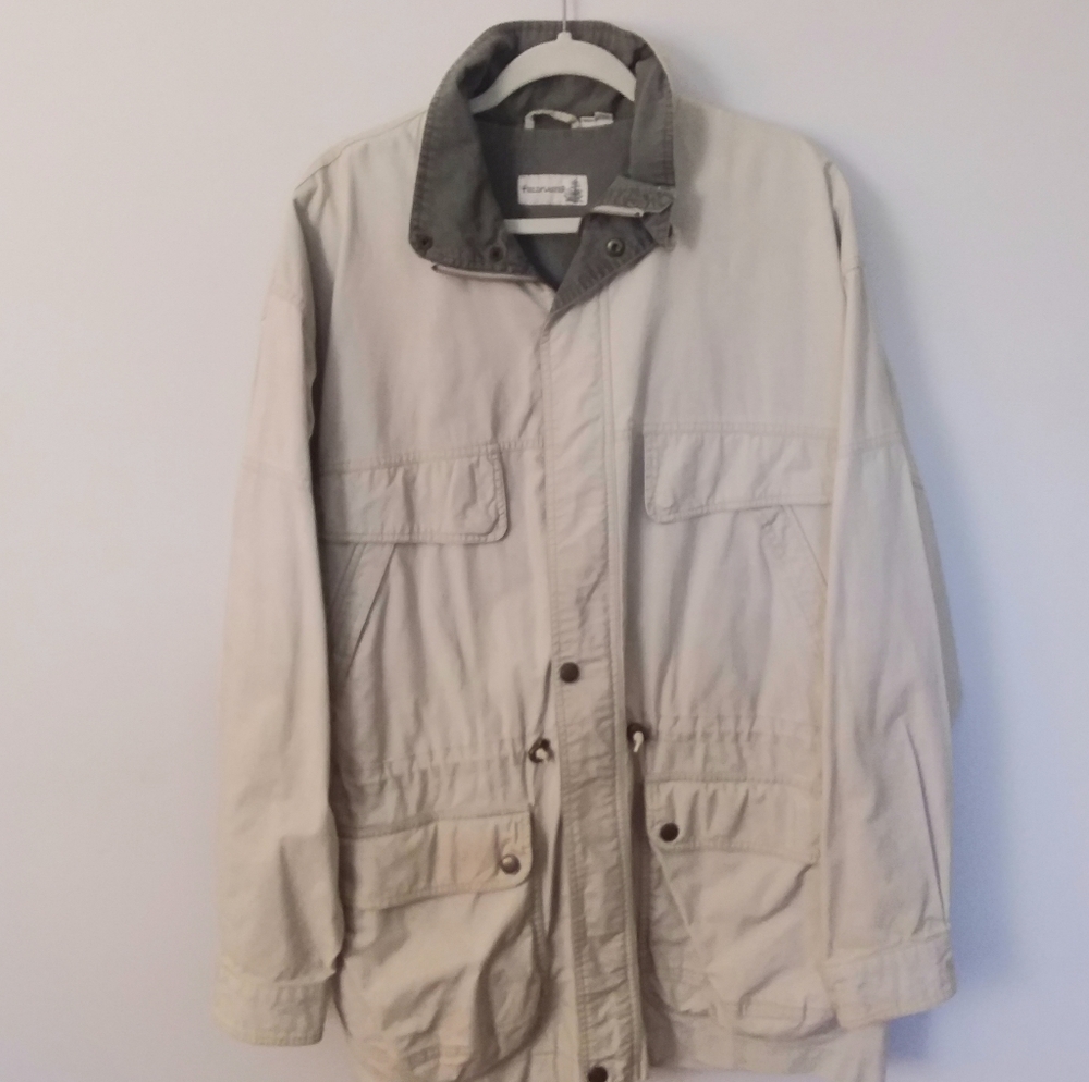 Fieldmaster Man's Jacket Tan Denim Front Zipper, Waist Tie